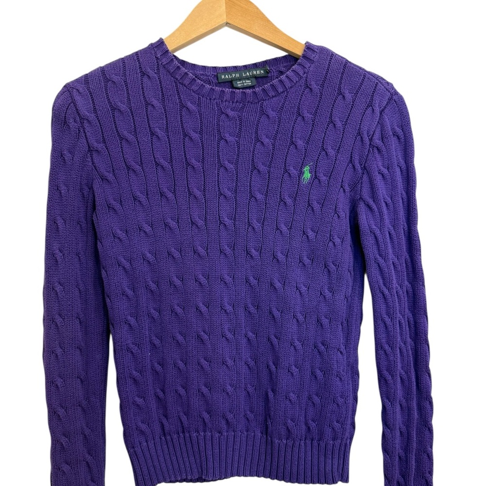 Ralph Lauren Purple Cable-Knit Crewneck Sweater with Green Pony